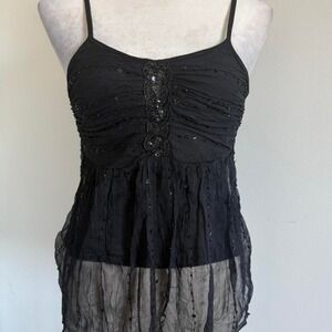 Y2K Black mesh cami top with sequin details and adjustable straps